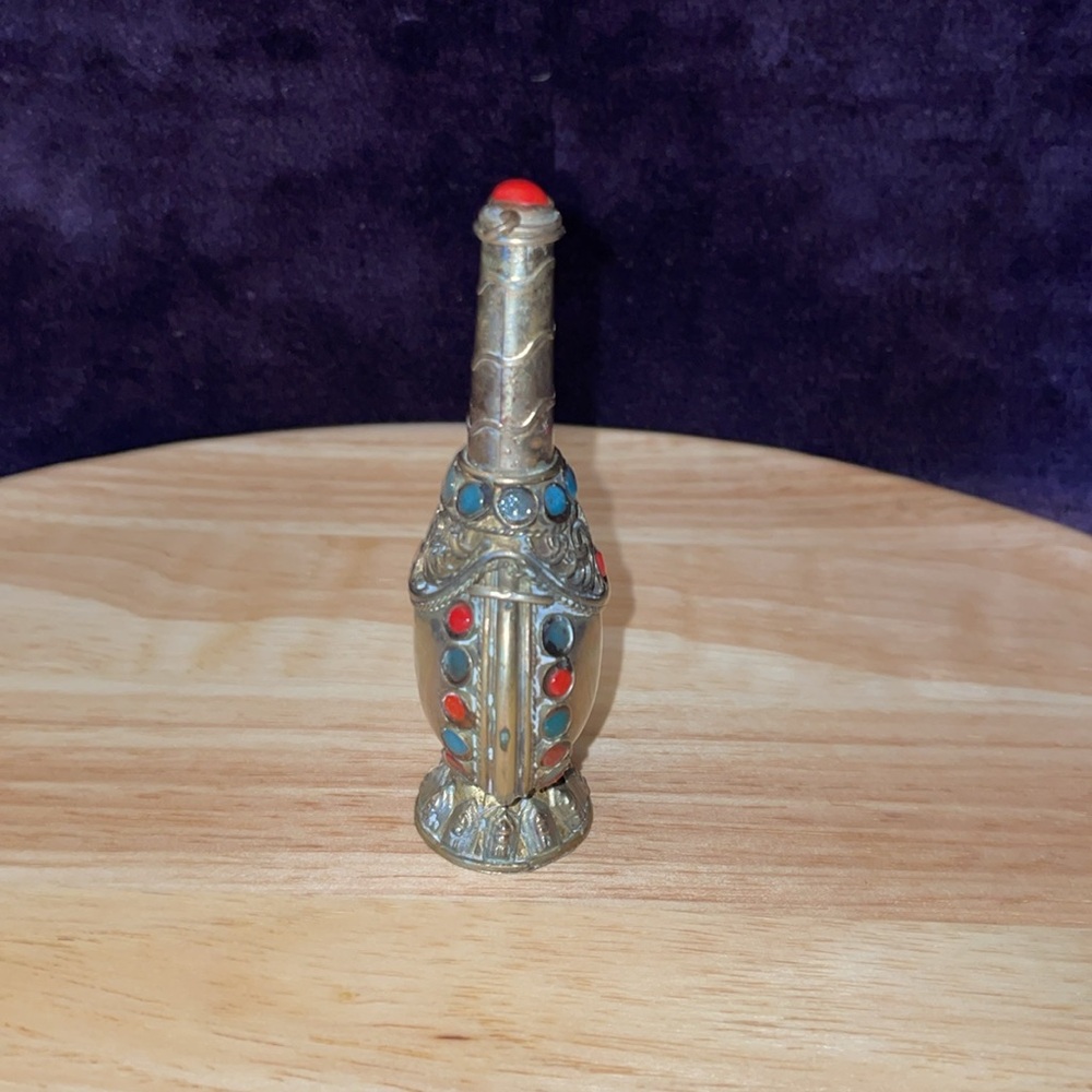 Vintage Silver Tibetan Decorative Bottle with Red & Blue Accents - Picture 2 of 5